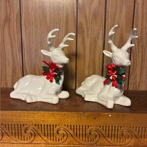 Vintage White Ceramic Reindeer with Festive Bows